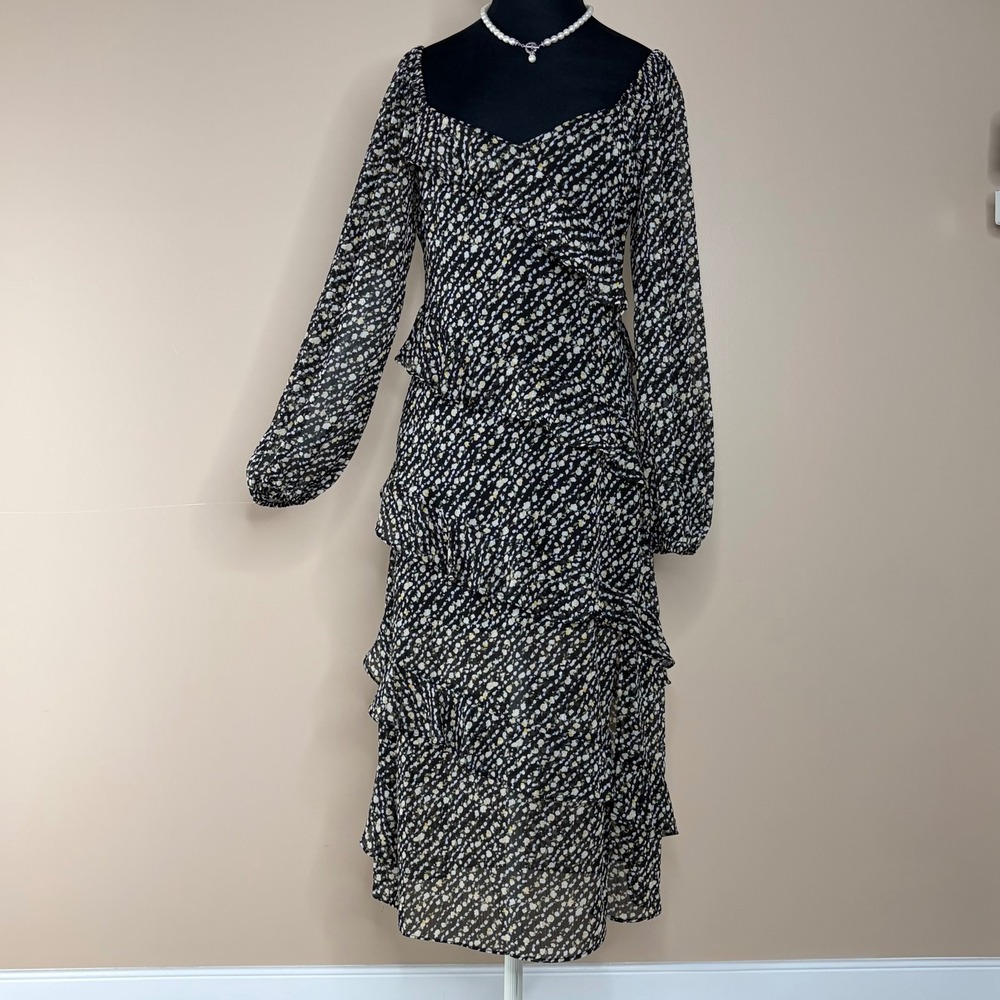 Floret Studios Floral Ruffle Midi Dress Women‎ Small Black Chiffon Etherial